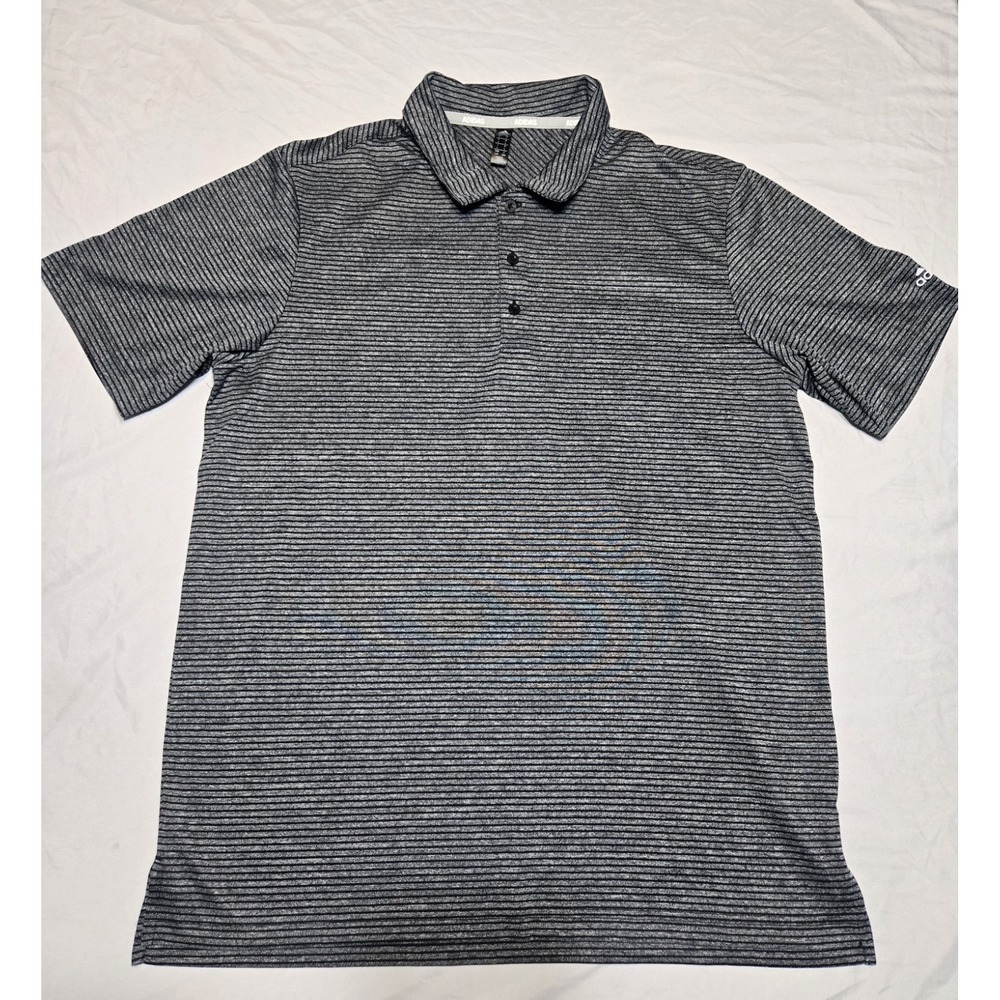 Adidas Golf Polo Performace Shirt Mens Large Black Gray Striped Logo Athletic